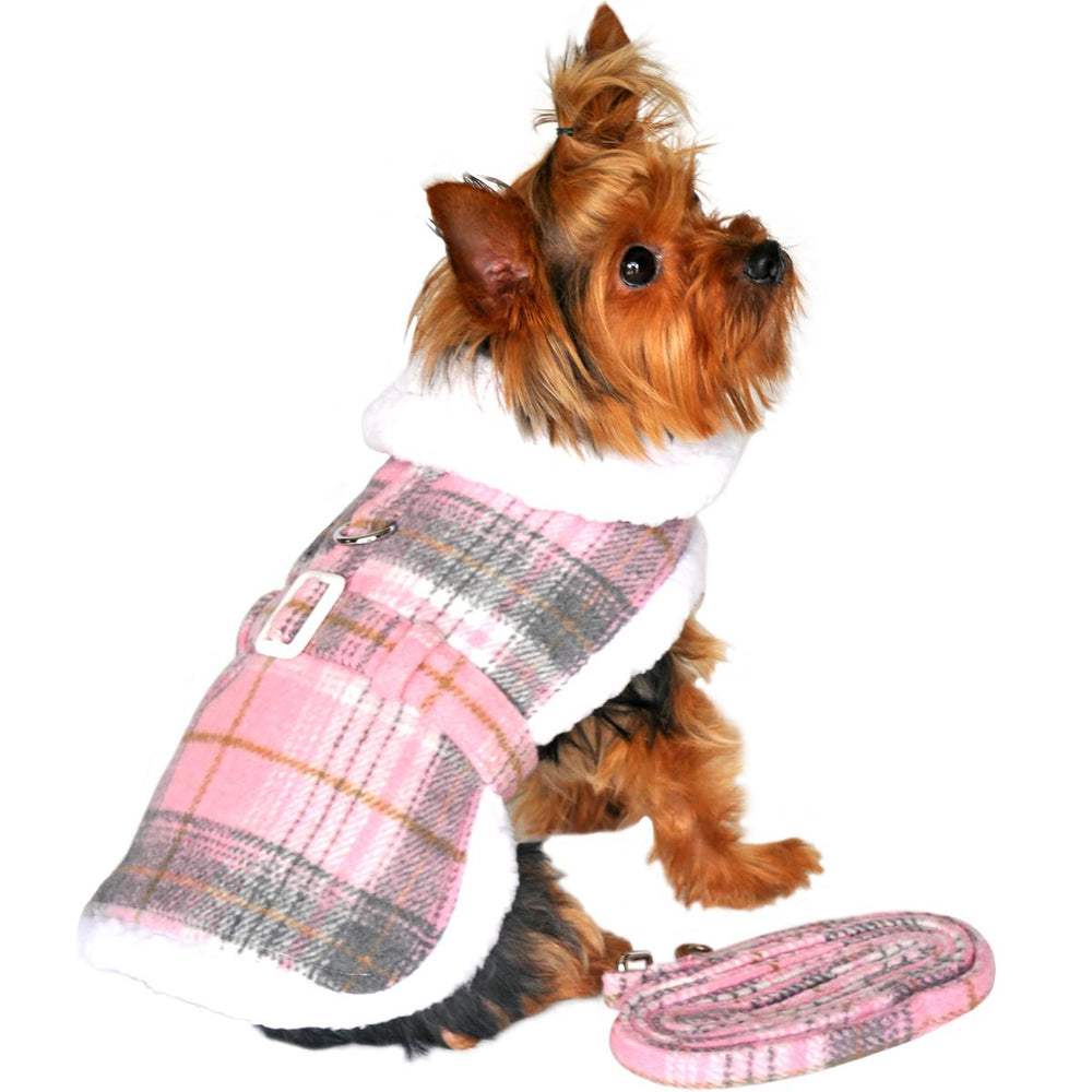Pink & White Plaid Designer Harness Coat and Matching Leash